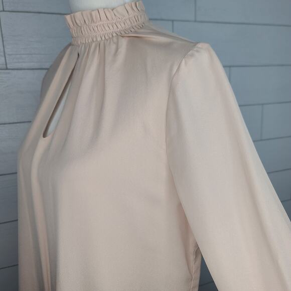 Drew Blouse Pale Pink Peekaboo Mock Neck Top Medium Silk Ruffle Sleeve - Picture 6 of 9